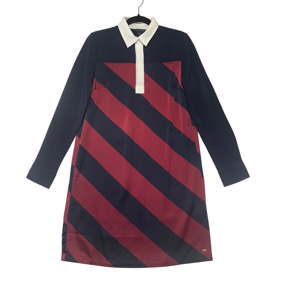 Tommy Hilfiger Womens XS Navy Burgundy Striped Long Sleeve‎ Polo Shift Dress 90s